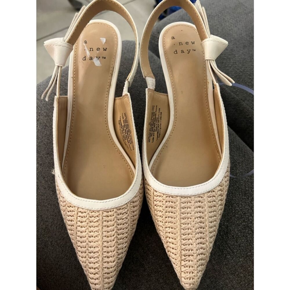 A NEW DAY Women's Beige Milan Raffia Pointy Toe Kitten Heel Slingback Shoes 8 - Picture 4 of 8